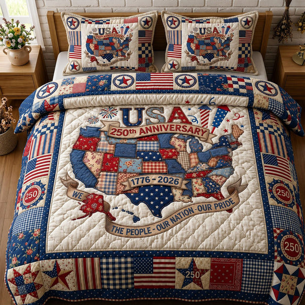 Our Nation Our Pride quilted 3-piece bedding set on a made bed with two matching pillow shams