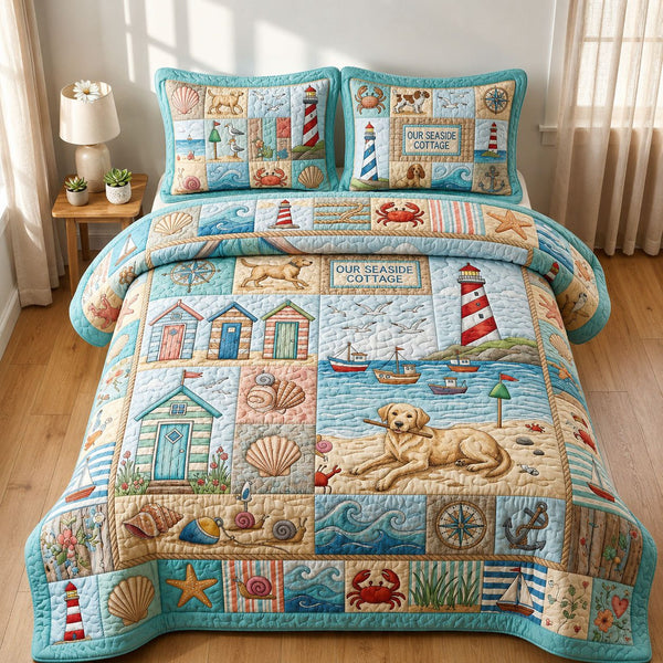 Our Seaside Cottage quilted 3-piece bedding set on a made bed in a light coastal bedroom