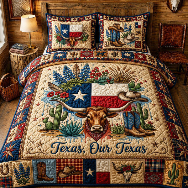 Our Texas quilted 3-piece bedding set on a made bed in a rustic timber bedroom