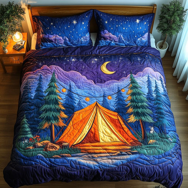 Outdoor Escape quilted 3-piece bedding set on a made bed with two matching pillow shams