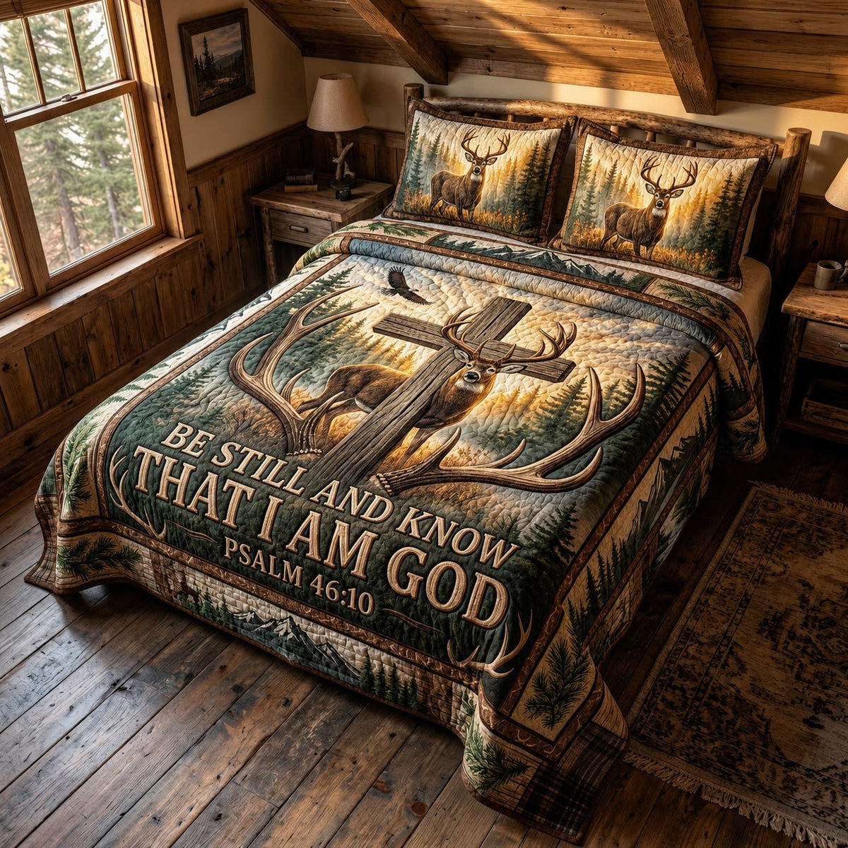 Outdoor Grace quilted 3-piece bedding set on a made bed with two matching pillow shams