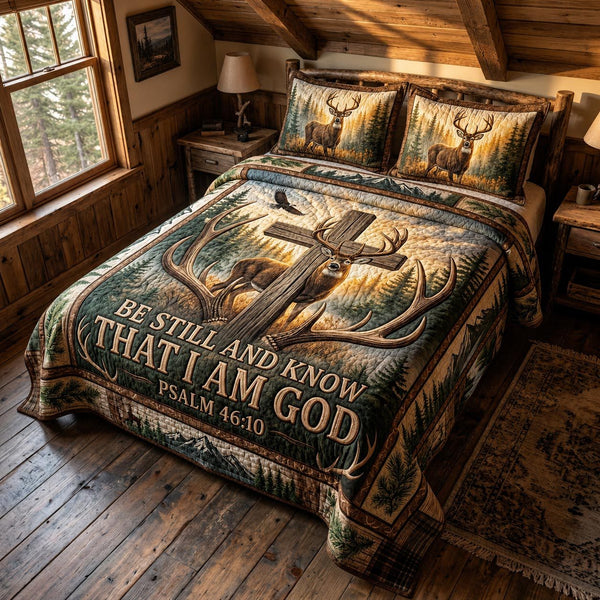 Outdoor Grace quilted 3-piece bedding set on a made bed with two matching pillow shams
