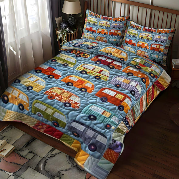 Outdoor Oasis quilted 3-piece bedding set on a made bed with two matching pillow shams