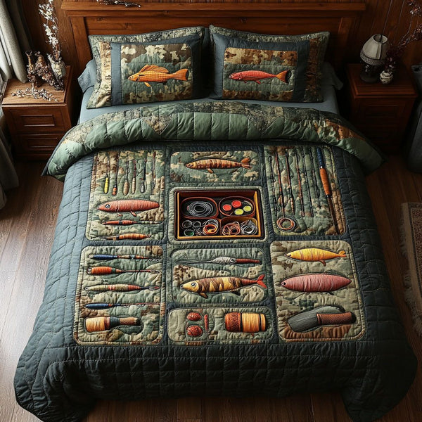 Outdoor Paradise quilted 3-piece bedding set on a made bed with two matching pillow shams
