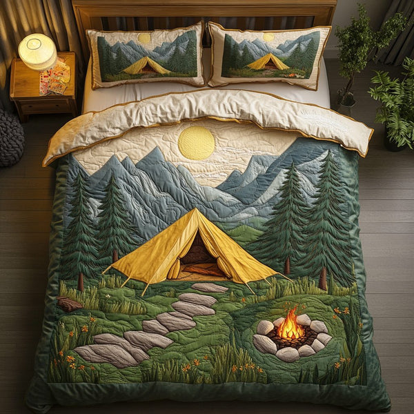 Outdoor Serenity quilted 3-piece bedding set on a made bed with two matching pillow shams