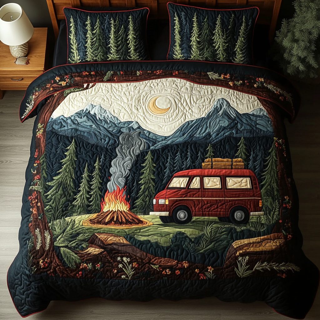 Outdoor Spirit quilted 3-piece bedding set on a made bed with two matching pillow shams