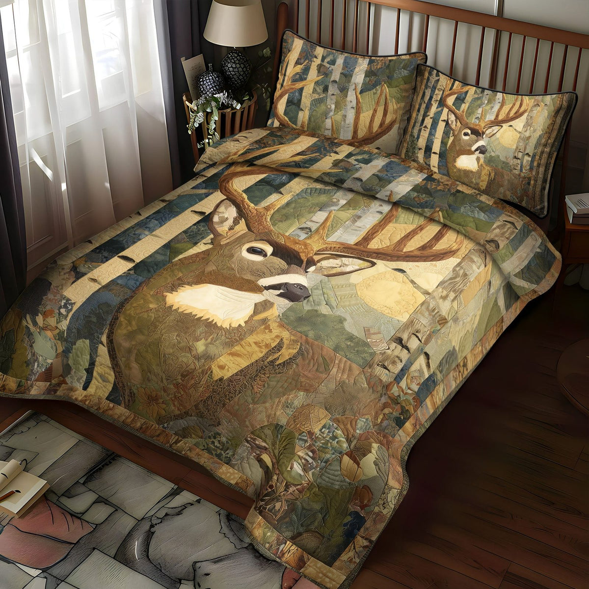 Outland Stag quilted 3-piece bedding set on a made bed with two matching pillow shams