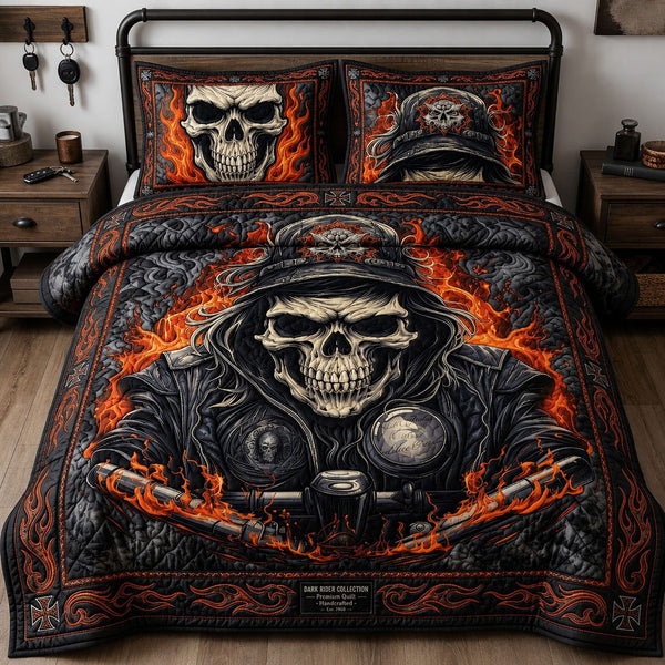 Outlaw Biker Skull Fire quilted 3-piece bedding set on a made bed against a dark styled interior