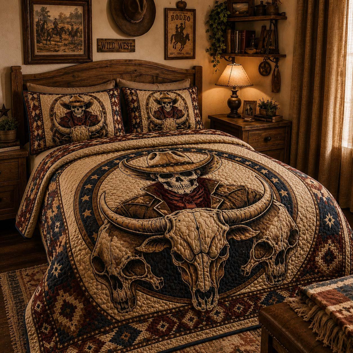 Outlaw Spirit quilted 3-piece bedding set on a made bed with two matching pillow shams