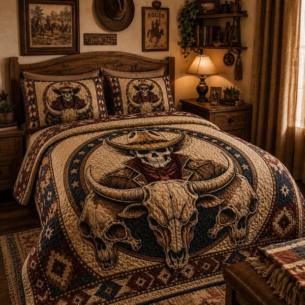 Outlaw Spirit quilted 3-piece bedding set on a made bed with two matching pillow shams