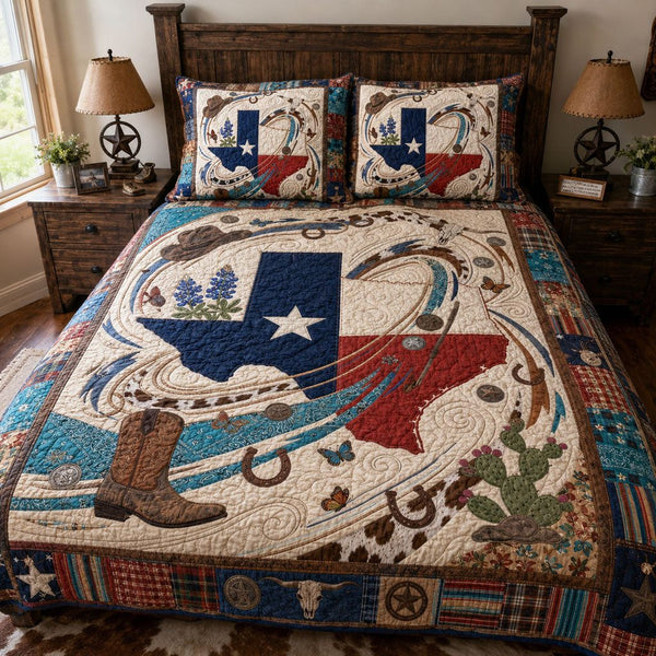 Outlaw Trail quilted 3-piece bedding set on a made bed with two matching pillow shams