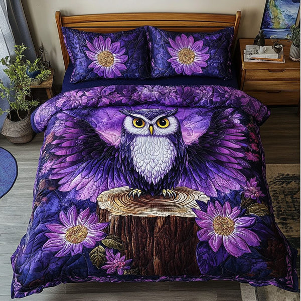 Owl Art quilted 3-piece bedding set on a made bed with two matching pillow shams