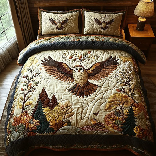 Owl Autumn Charm quilted 3-piece bedding set on a made bed with two matching pillow shams