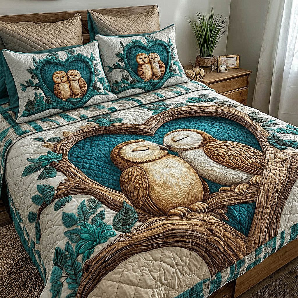Owl Couple quilted 3-piece bedding set on a made bed with two matching pillow shams