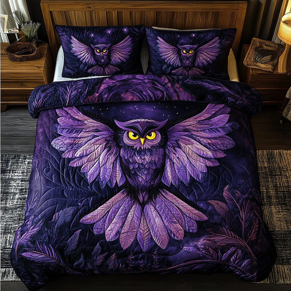 Owl Dream quilted 3-piece bedding set on a made bed with two matching pillow shams