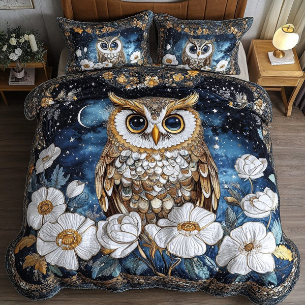 Owl Dream quilted 3-piece bedding set on a made bed with two matching pillow shams