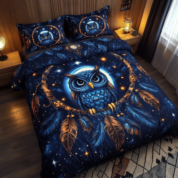 Owl Embrace quilted 3-piece bedding set on a made bed with two matching pillow shams