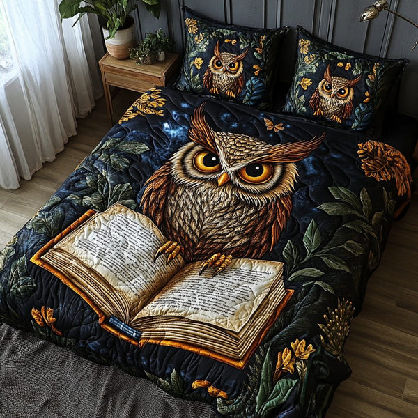 Owl Eyes quilted 3-piece bedding set on a made bed with two matching pillow shams
