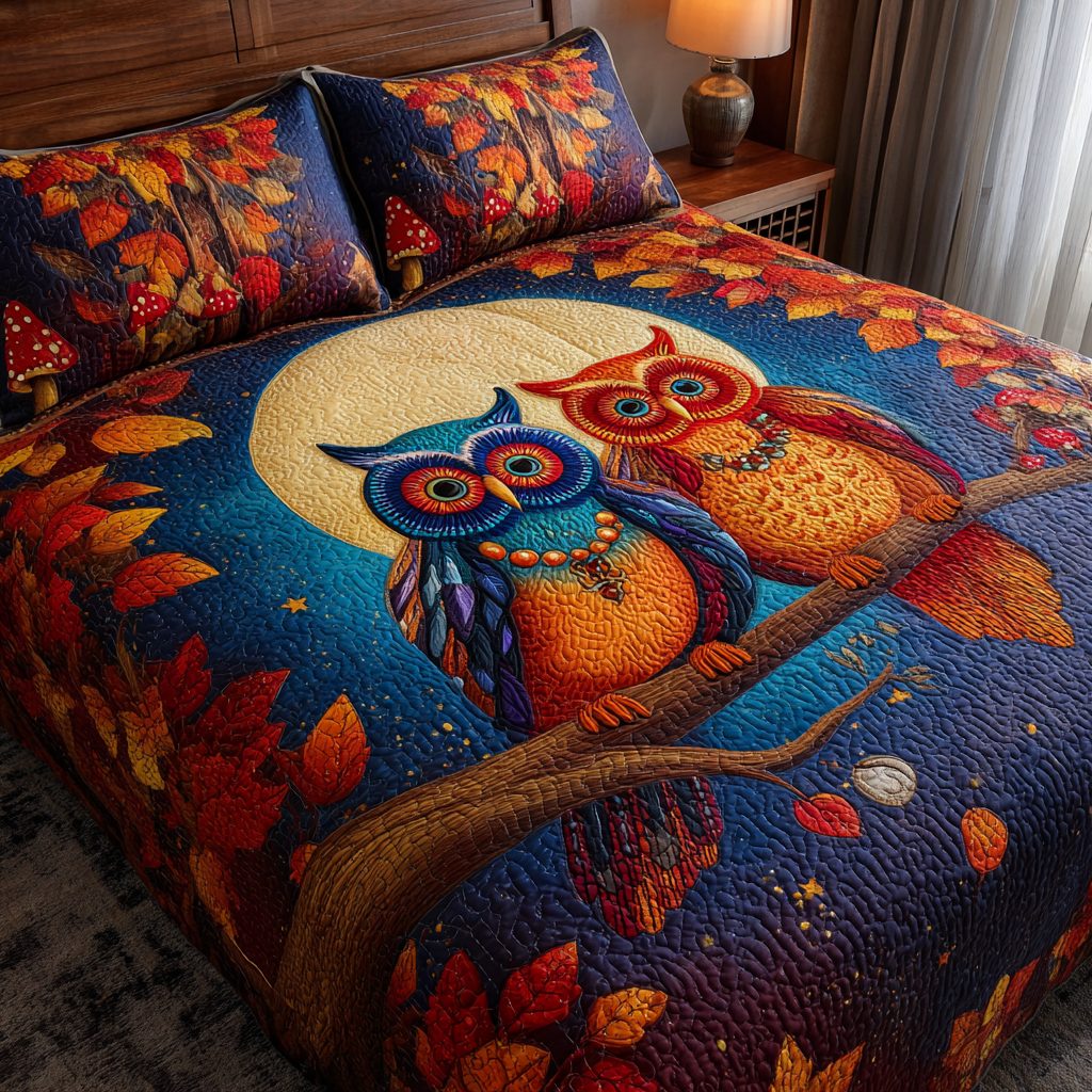 Owl Flight quilted 3-piece bedding set on a made bed with two matching pillow shams