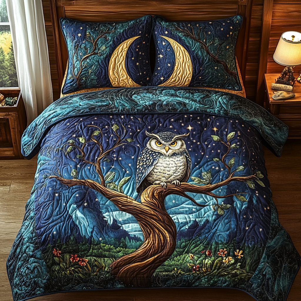 Owl Forest quilted 3-piece bedding set on a made bed with two matching pillow shams