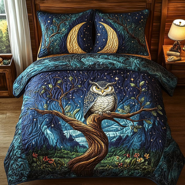 Owl Forest quilted 3-piece bedding set on a made bed with two matching pillow shams
