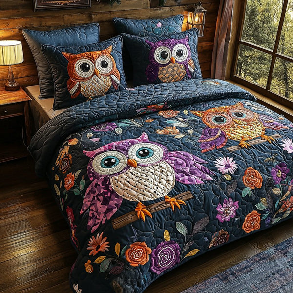 Owl Garden quilted 3-piece bedding set on a made bed with two matching pillow shams