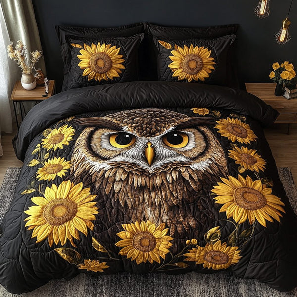 Owl Glow quilted 3-piece bedding set on a made bed with two matching pillow shams