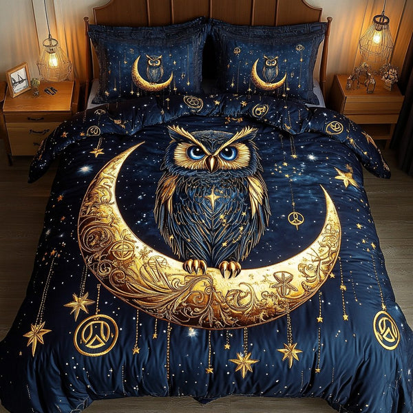 Owl Haven quilted 3-piece bedding set on a made bed with two matching pillow shams