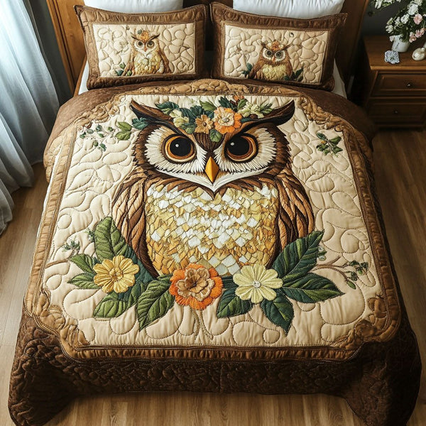 Owl Haven quilted 3-piece bedding set on a made bed with two matching pillow shams