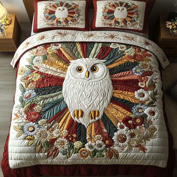 Owl Haven quilted 3-piece bedding set on a made bed with two matching pillow shams