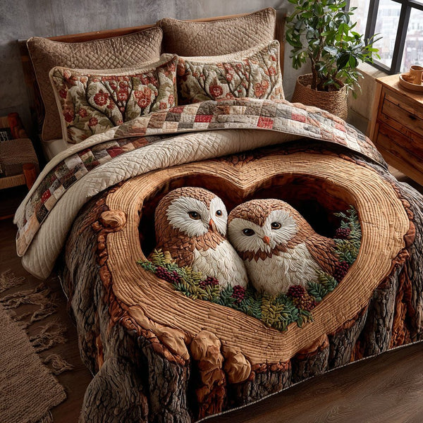 Owl Heart Nest quilted 3-piece bedding set on a made bed with two matching pillow shams