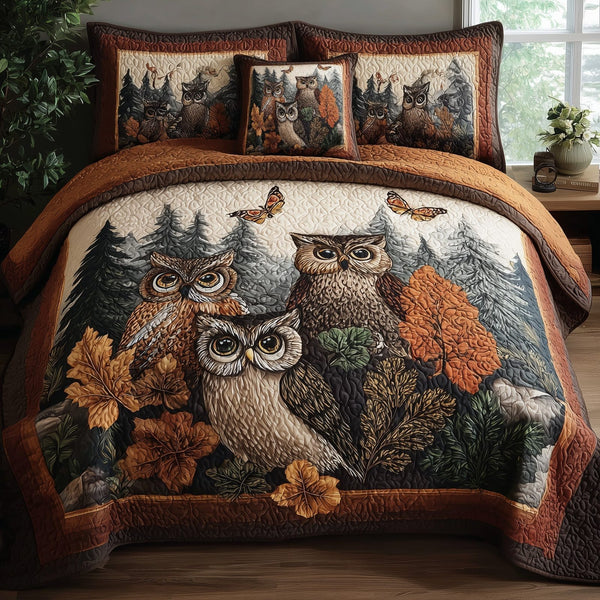 Owl Heaven quilted 3-piece bedding set on a made bed in a softly lit bedroom
