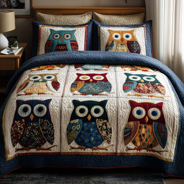 Owl Heaven quilted 3-piece bedding set on a made bed in a softly lit bedroom