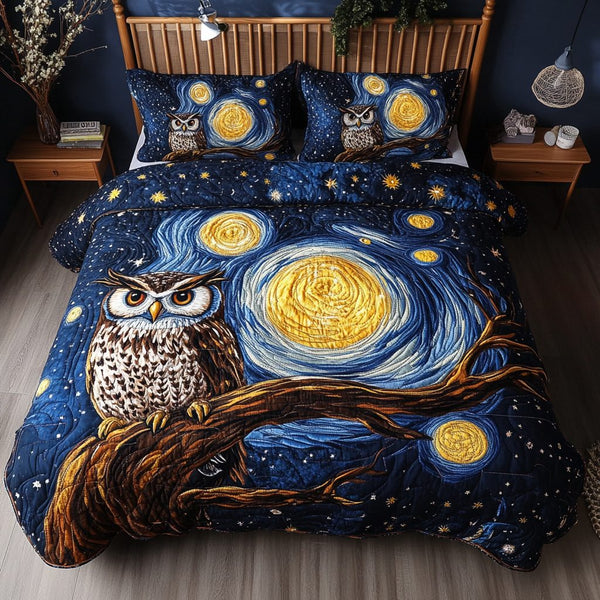 Owl Horizon quilted 3-piece bedding set on a made bed with two matching pillow shams