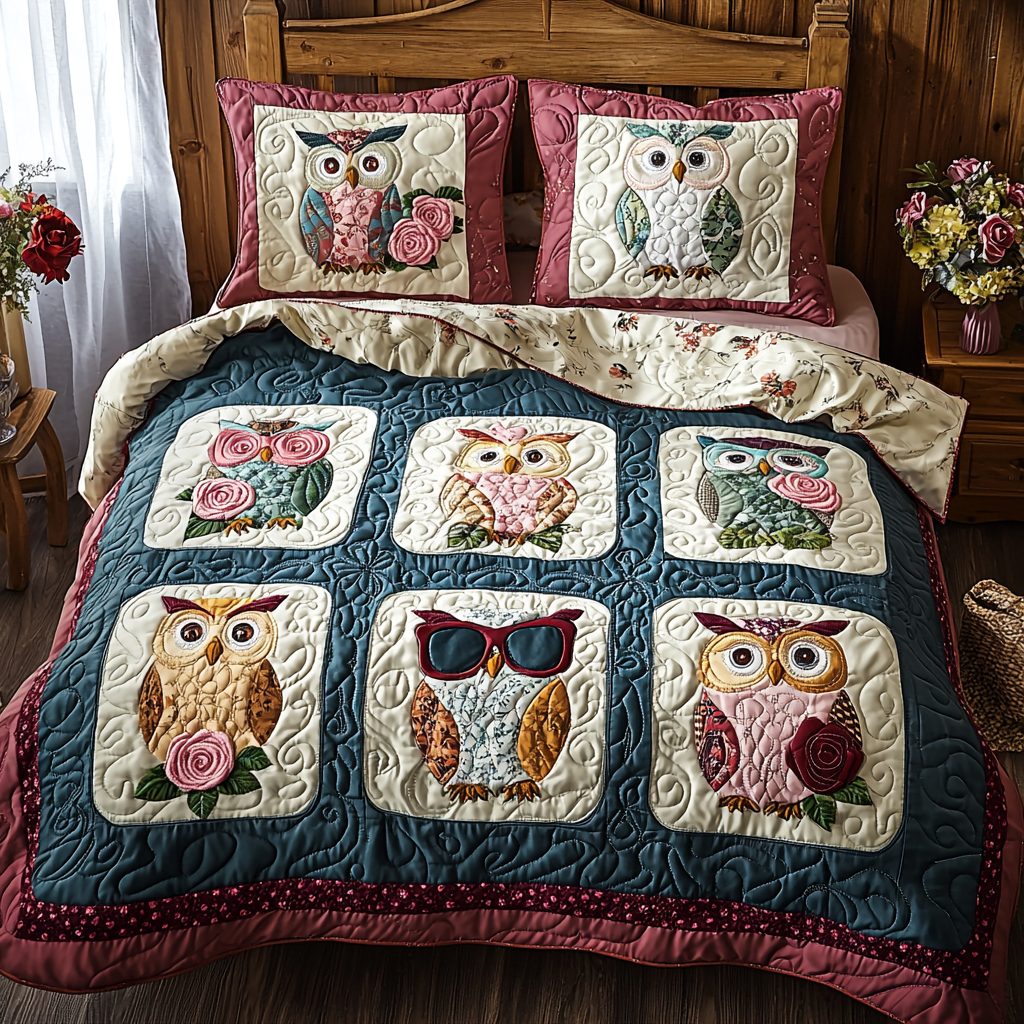 Owl in Style quilted 3-piece bedding set on a made bed with two matching pillow shams