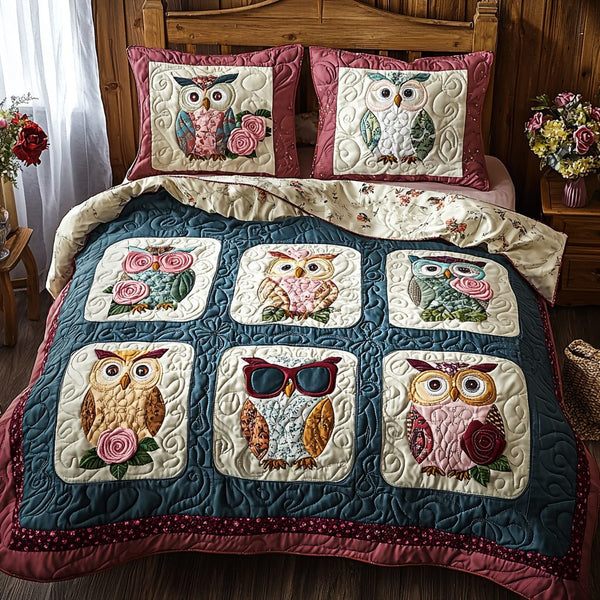 Owl in Style quilted 3-piece bedding set on a made bed with two matching pillow shams