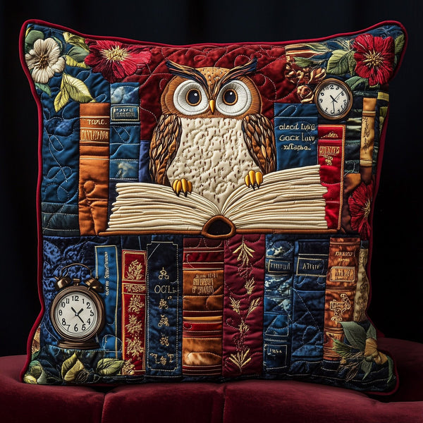 Owl Lady Love Reading Window Hanging Suncatcher - Design 1 quilted 3-piece bedding set on a made bed with two matching pillow shams
