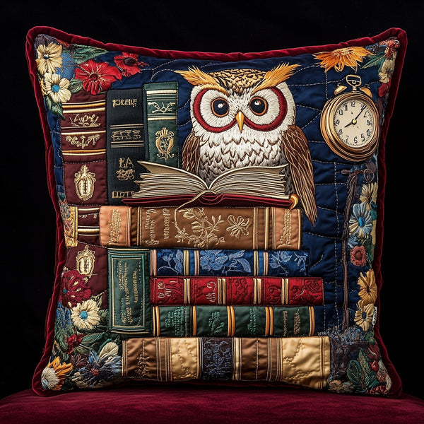 Owl Lady Love Reading Window Hanging Suncatcher - Design 2 quilted 3-piece bedding set on a made bed with two matching pillow shams