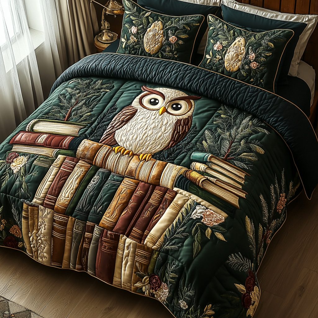 Owl Library quilted 3-piece bedding set on a made bed with two matching pillow shams