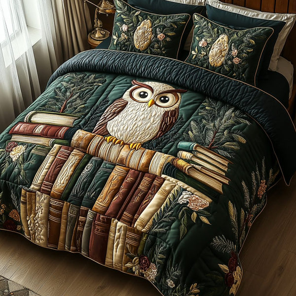 Owl Library quilted 3-piece bedding set on a made bed with two matching pillow shams