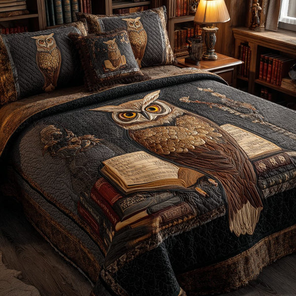 Owl Magic quilted 3-piece bedding set on a made bed with two matching pillow shams