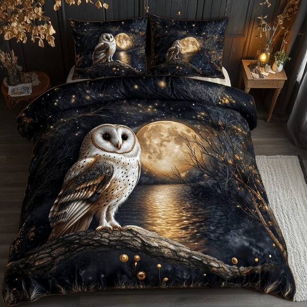 Owl Magic quilted 3-piece bedding set on a made bed with two matching pillow shams