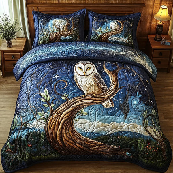 Owl Nocturne quilted 3-piece bedding set on a made bed with two matching pillow shams