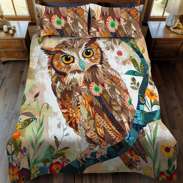 Owl Patchwork Floral quilted 3-piece bedding set on a made bed in a farmhouse bedroom