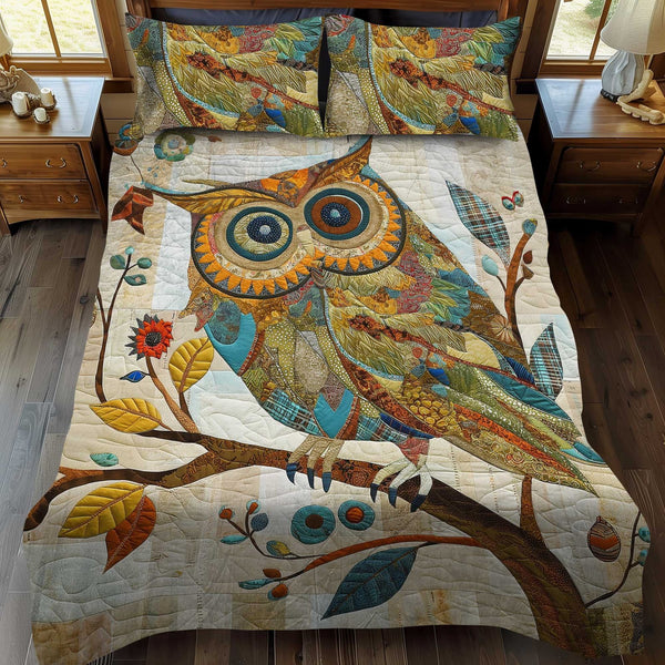 Owl Patchwork Plaid quilted 3-piece bedding set on a made bed in a farmhouse bedroom