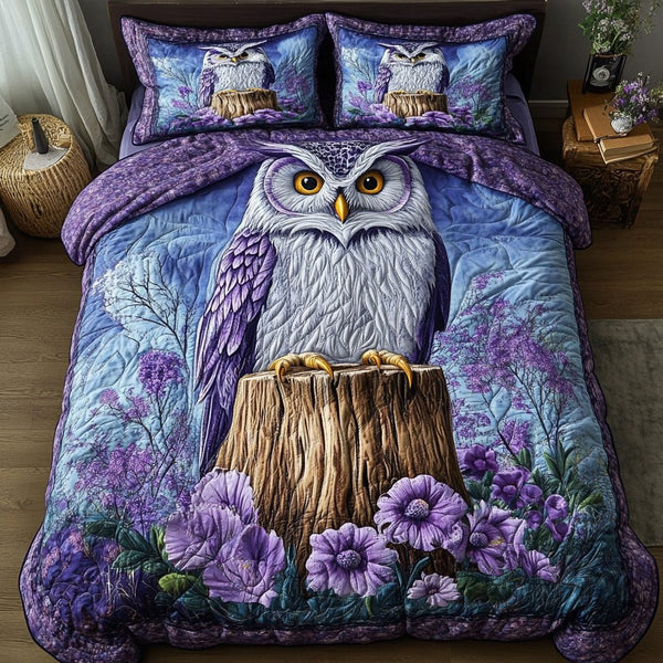 Owl Pattern quilted 3-piece bedding set on a made bed with two matching pillow shams