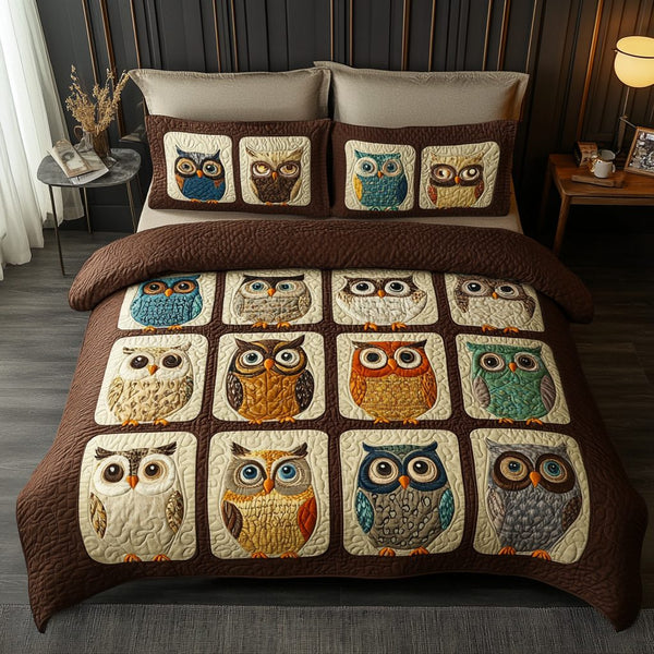 Owl Perch quilted 3-piece bedding set on a made bed with two matching pillow shams