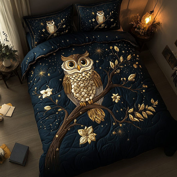Owl Radiance quilted 3-piece bedding set on a made bed with two matching pillow shams