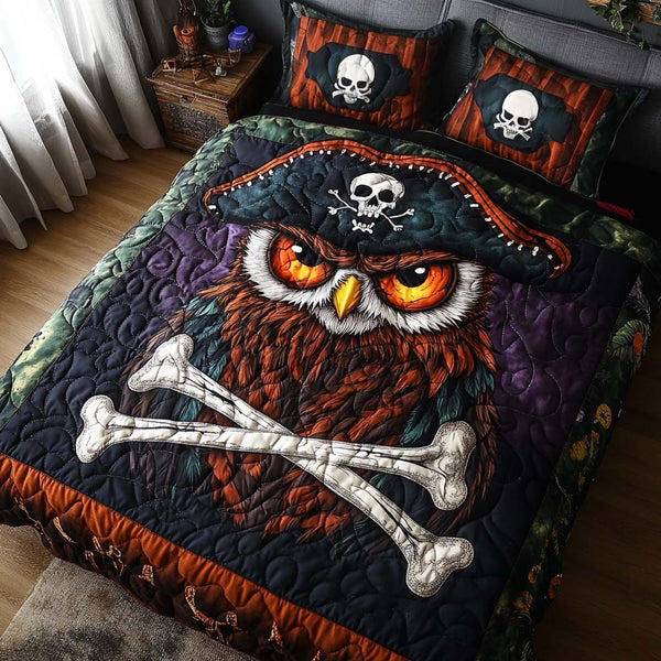 Owl Raider quilted 3-piece bedding set on a made bed with two matching pillow shams