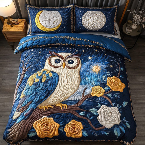Owl Silence quilted 3-piece bedding set on a made bed with two matching pillow shams